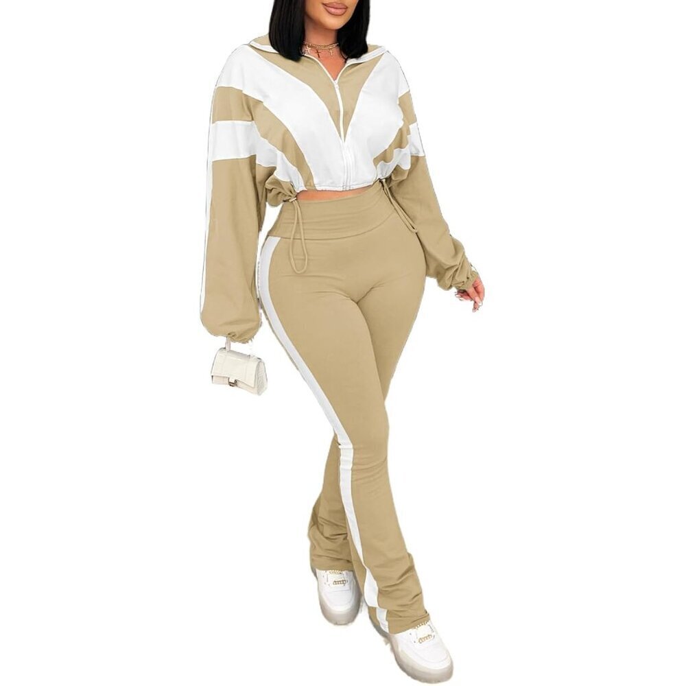Women 2 Piece Polyester Crop Jacket & Flare Pants Set Casual Active